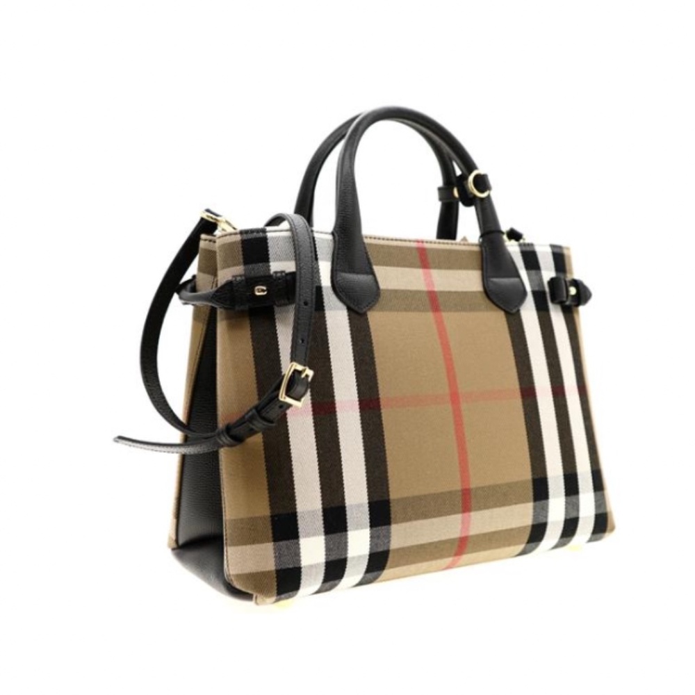 Authentic Burberry Medium Banner House Check & Leather Satchel Bag